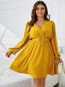 SHEIN Clasi Plus Surplice Neck Lantern Sleeve Belted Dress - Yellow - View 6