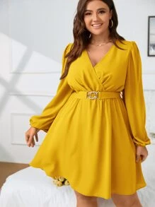 SHEIN Clasi Plus Surplice Neck Lantern Sleeve Belted Dress - Yellow - View 7