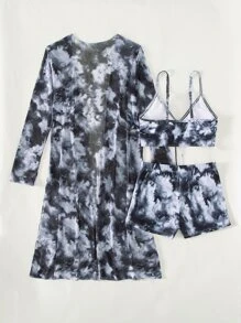 3packs Tie Dye Drawstring Front Summer Beach Bikini Set & Kimono - Black and White - View 4