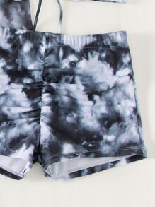 3packs Tie Dye Drawstring Front Summer Beach Bikini Set & Kimono - Black and White - View 6