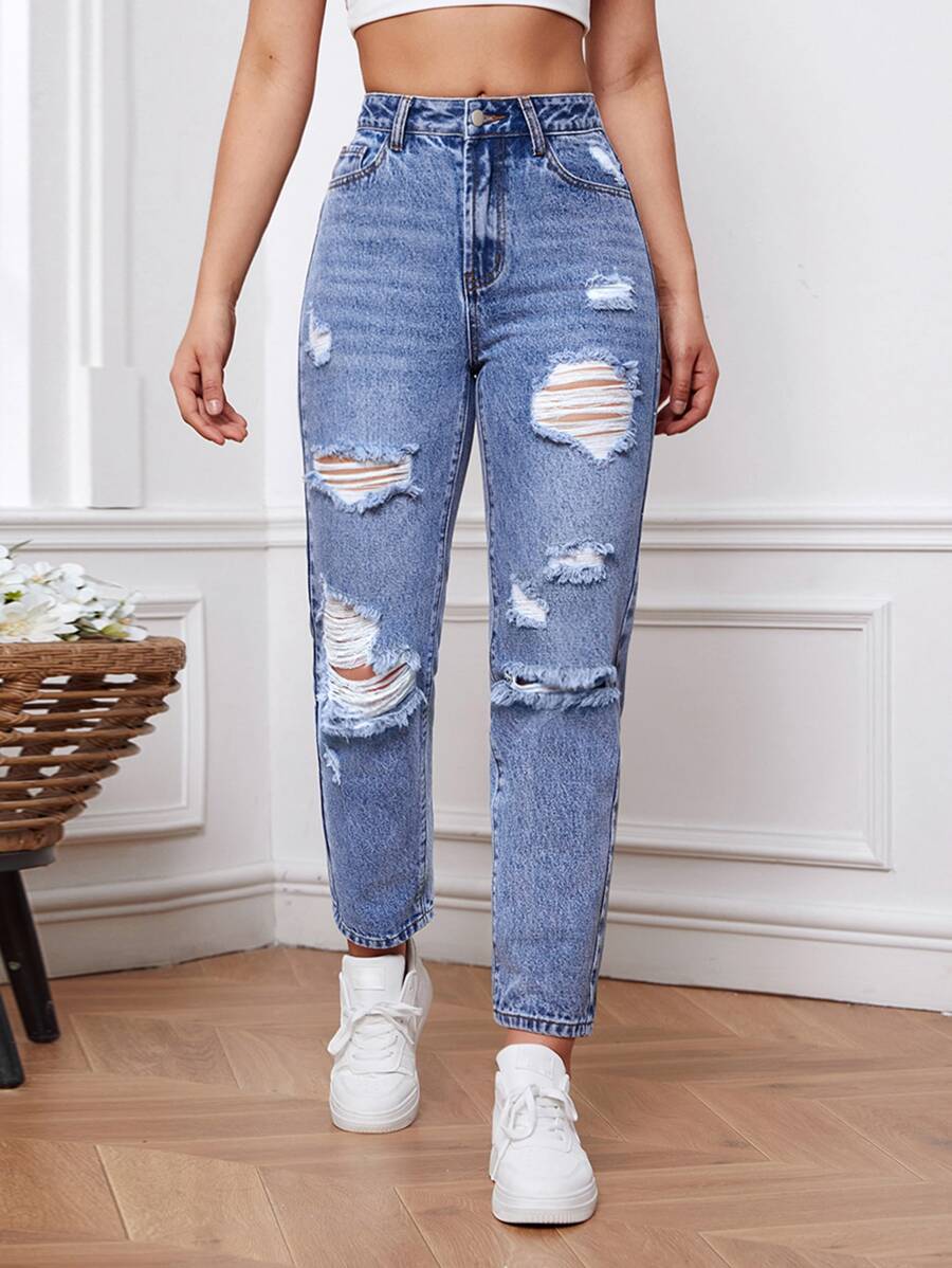 Ripped Mom Fit Jeans - Light Wash - View 1