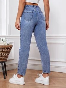 Ripped Mom Fit Jeans - Light Wash - View 2