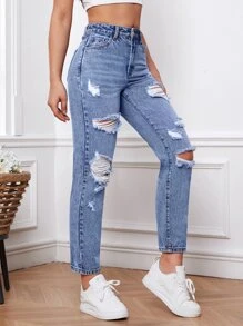 Ripped Mom Fit Jeans - Light Wash - View 4
