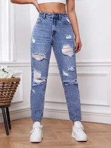 Ripped Mom Fit Jeans - Light Wash - View 5