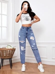 Ripped Mom Fit Jeans - Light Wash - View 6