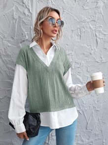 SHEIN Privé Drop Shoulder Lantern Sleeve 2 In 1 Blouse - Mint Green - View 1