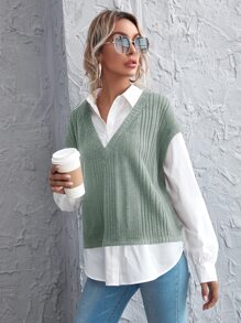 SHEIN Privé Drop Shoulder Lantern Sleeve 2 In 1 Blouse - Mint Green - View 4