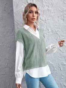 SHEIN Privé Drop Shoulder Lantern Sleeve 2 In 1 Blouse - Mint Green - View 5