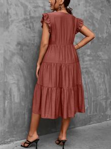 SHEIN LUNE Plus Butterfly Sleeve Ruffle Hem Smock Dress - Redwood - View 2
