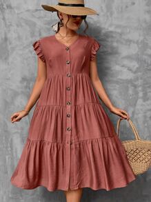 SHEIN LUNE Plus Butterfly Sleeve Ruffle Hem Smock Dress - Redwood - View 3