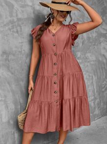 SHEIN LUNE Plus Butterfly Sleeve Ruffle Hem Smock Dress - Redwood - View 6