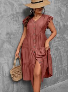 SHEIN LUNE Plus Butterfly Sleeve Ruffle Hem Smock Dress - Redwood - View 7