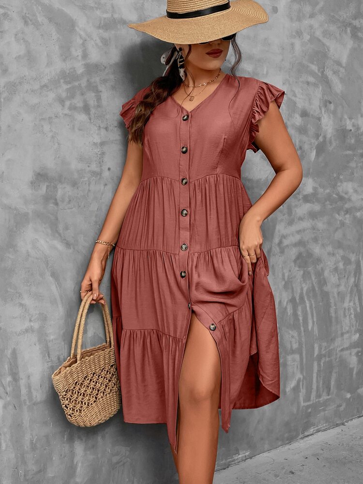 SHEIN LUNE 大碼蝴蝶袖荷葉邊娃娃裙 - 紅木色 - 查看 7