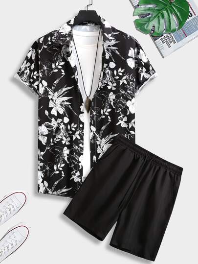 للرجال قميص طباعة الأزهار و بنطلون قصير بدون تي شيرت