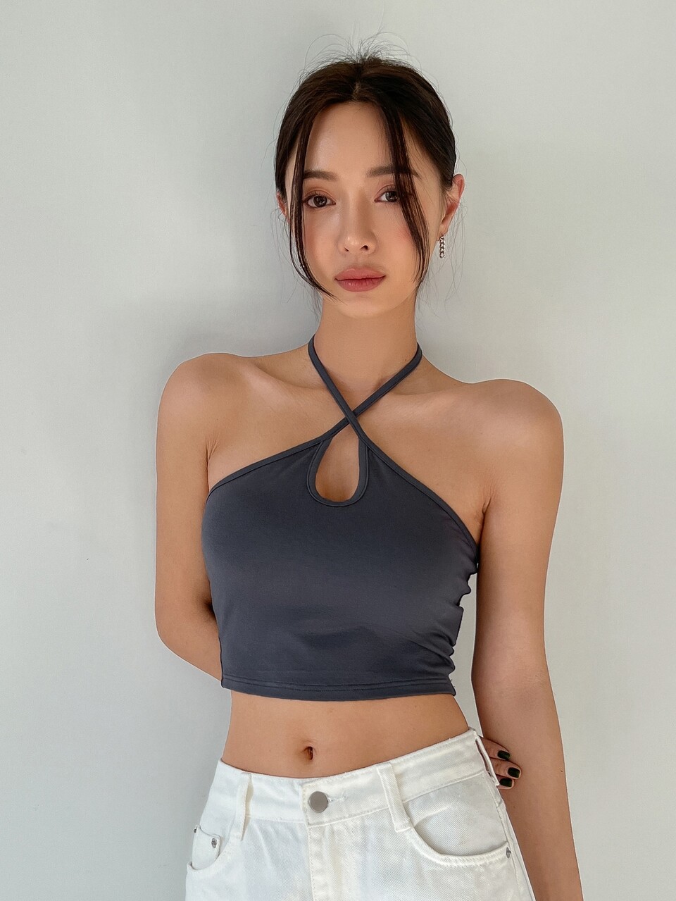 Solid Criss Cross Tie Backless Crop Halter Top,Back To School Clothes