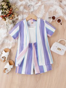 Toddler Girls Striped Print Coat & Shorts & Cami Top - Multicolor - View 1