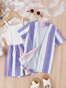 Toddler Girls Striped Print Coat & Shorts & Cami Top - Multicolor - View 3