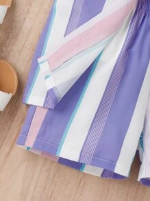 Toddler Girls Striped Print Coat & Shorts & Cami Top - Multicolor - View 5