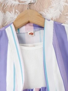 Toddler Girls Striped Print Coat & Shorts & Cami Top - Multicolor - View 6