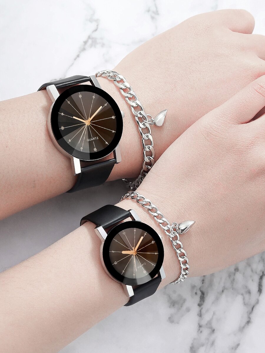 2入組情侶鑽石裝飾石英手錶和2入組手鏈，假日必備 - 黑色 - 查看 1