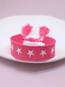 Star Embroidered Tassel Decor Bracelet - Hot Pink - View 1