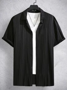 Manfinity Homme 男式寬鬆純色釦扣衫,不包含內搭t恤 - 黑色 - 查看 3