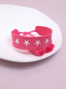 Star Embroidered Tassel Decor Bracelet - Hot Pink - View 3