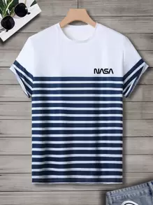 Manfinity Men Striped & Letter Graphic Tee - Blue and White - View 1