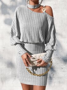 SHEIN Privé Đầm Bất đối xứng Chuỗi Gân đan màu trơn Giải trí - Xám - Xem 3