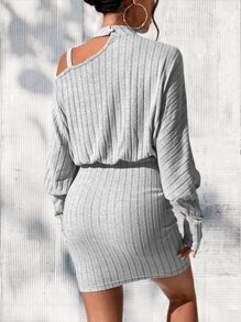 SHEIN Privé Đầm Bất đối xứng Chuỗi Gân đan màu trơn Giải trí - Xám - Xem 2