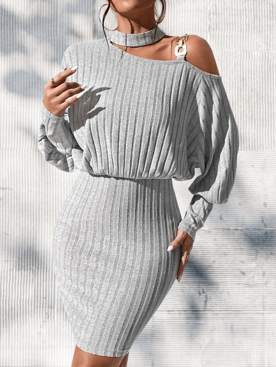 SHEIN Privé Đầm Bất đối xứng Chuỗi Gân đan màu trơn Giải trí - Xám - Xem 1