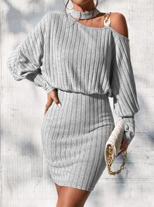 SHEIN Privé Đầm Bất đối xứng Chuỗi Gân đan màu trơn Giải trí - Xám - Xem 5