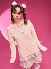ROMWE Kawaii Contrast Lace Ruffle Trim Drop Shoulder Sweater - Pink - View 1