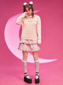 ROMWE Kawaii Contrast Lace Ruffle Trim Drop Shoulder Sweater - Pink - View 4