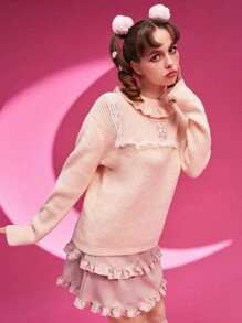 ROMWE Kawaii Contrast Lace Ruffle Trim Drop Shoulder Sweater - Pink - View 5