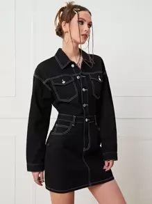 SHEIN EZwear Drop Shoulder Top-stitching Denim Dress - Black - View 1