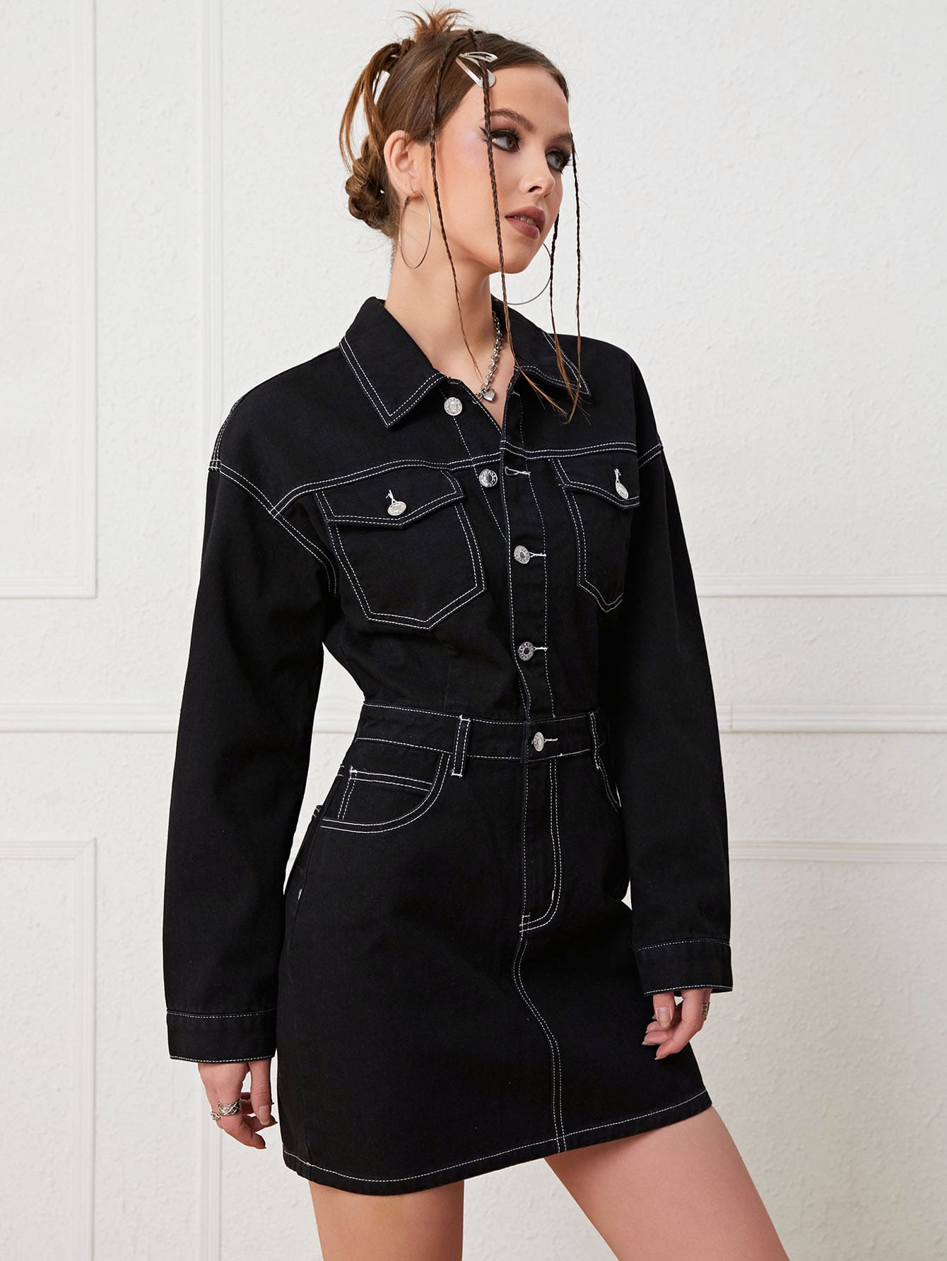 SHEIN EZwear Drop Shoulder Top-stitching Denim Dress - Black - View 1