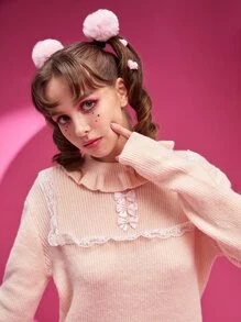ROMWE Kawaii Contrast Lace Ruffle Trim Drop Shoulder Sweater - Pink - View 6