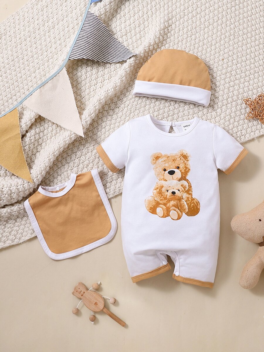 男嬰小熊印花撞色滾邊連身短褲和帽和圍兜 - 白色 - 查看 1