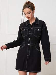 SHEIN EZwear Drop Shoulder Top-stitching Denim Dress - Black - View 5