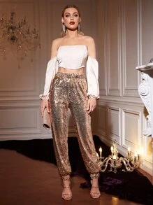 SHEIN Belle High Waist Sequin Trousers - Gold - View 5