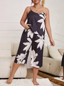 Plus Floral Print Cami Top & Trousers PJ Set - Black and White - View 1