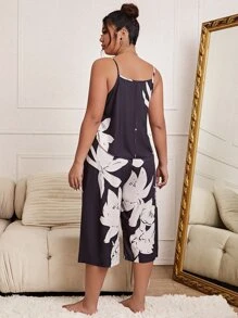 Plus Floral Print Cami Top & Trousers PJ Set - Black and White - View 2