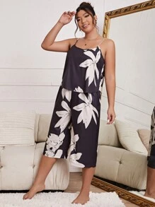 Plus Floral Print Cami Top & Trousers PJ Set - Black and White - View 4