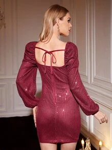 Allurite Đầm Dây kéo ghép mộng kim sa Buộc lại màu trơn Buổi tiệc - Màu Đỏ Sâu - Xem 2