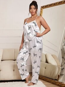 Plus Zebra Print Satin PJ Set - White - View 3