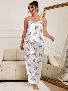 Plus Zebra Print Satin PJ Set - White - View 4