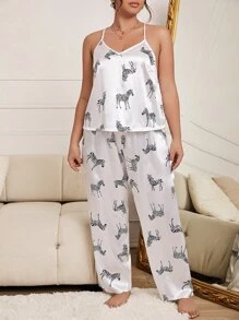 Plus Zebra Print Satin PJ Set - White - View 5
