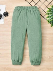 SHEIN 小男童接縫細節腰部打結衛褲 - 綠色 - 查看 2