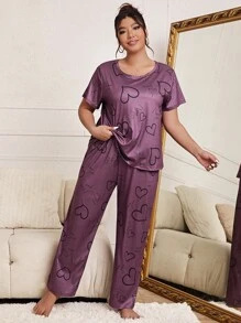 Plus Letter And Heart Print PJ Set / Pajama Set - Purple - View 1